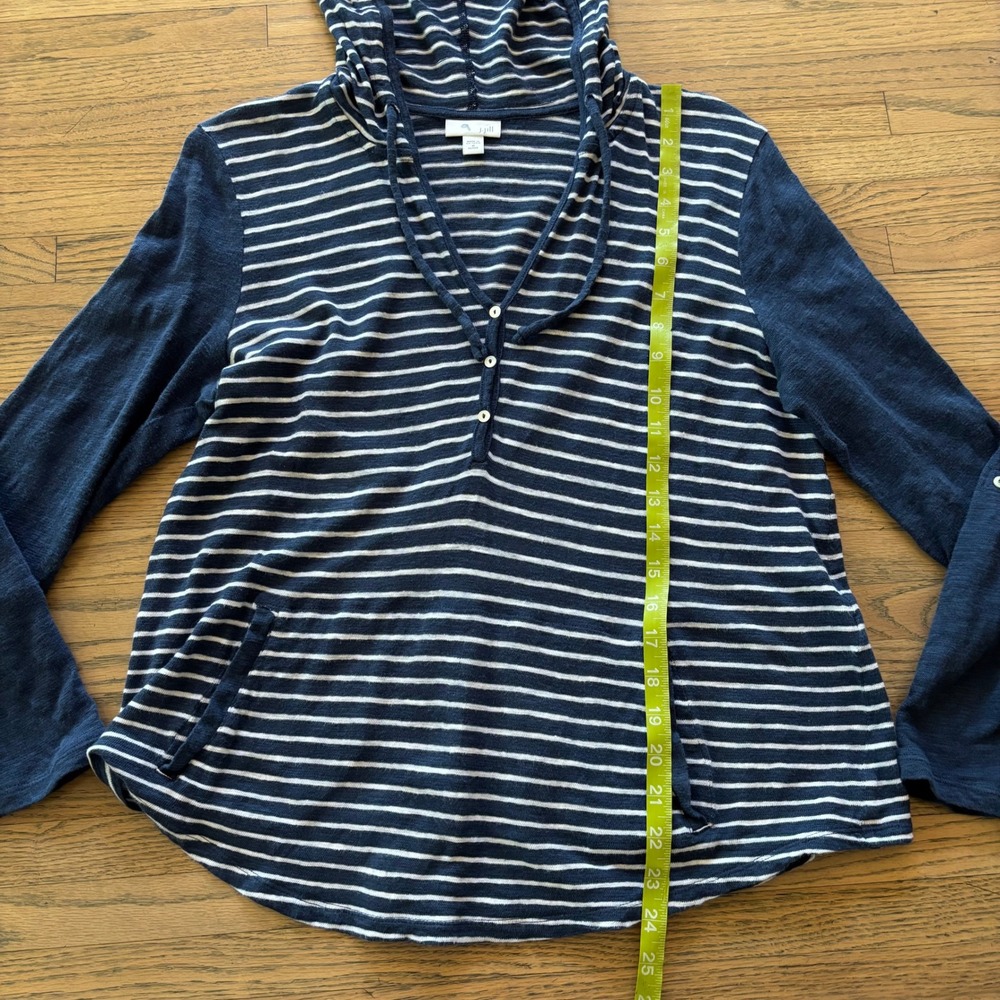 J. Jill Navy Blue White Striped Henley Hoodie Top Womens Medium Petite MP Pocket - Picture 4 of 7